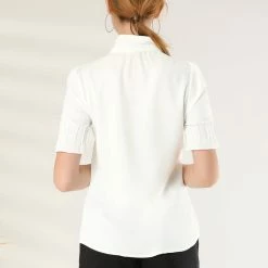 Allegra K Women's Work Office Blouse Button Down Puff Sleeve Tie Neck Top Shirt