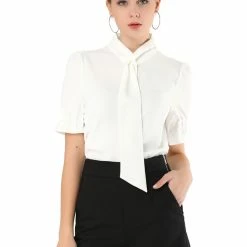 Allegra K Women's Work Office Blouse Button Down Puff Sleeve Tie Neck Top Shirt
