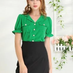 Allegra K Women’s Ruffle Short Sleeve Collar Top Casual Lapel V Neck Button Up Shirt 11 Allegra K Women’s Ruffle Short Sleeve Collar Top Casual Lapel V Neck Button Up Shirt