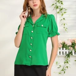 Allegra K Women’s Ruffle Short Sleeve Collar Top Casual Lapel V Neck Button Up Shirt 12 Allegra K Women’s Ruffle Short Sleeve Collar Top Casual Lapel V Neck Button Up Shirt