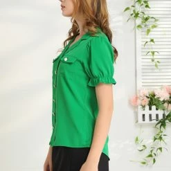 Allegra K Women’s Ruffle Short Sleeve Collar Top Casual Lapel V Neck Button Up Shirt 13 Allegra K Women’s Ruffle Short Sleeve Collar Top Casual Lapel V Neck Button Up Shirt