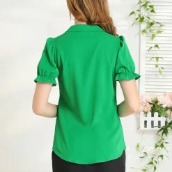 Allegra K Women’s Ruffle Short Sleeve Collar Top Casual Lapel V Neck Button Up Shirt 14 Allegra K Women’s Ruffle Short Sleeve Collar Top Casual Lapel V Neck Button Up Shirt