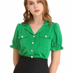 Allegra K Women’s Ruffle Short Sleeve Collar Top Casual Lapel V Neck Button Up Shirt