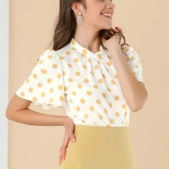 Allegra K Women's Polka Dots Stand Collar Pleat Keyhole Back Short Flare Sleeve Top
