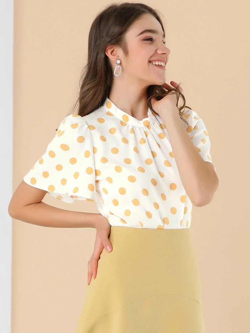 Allegra K Women's Polka Dots Stand Collar Pleat Keyhole Back Short Flare Sleeve Top 4 Allegra K Women's Polka Dots Stand Collar Pleat Keyhole Back Short Flare Sleeve Top