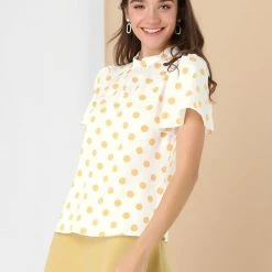 Allegra K Women's Polka Dots Stand Collar Pleat Keyhole Back Short Flare Sleeve Top 18 Allegra K Women's Polka Dots Stand Collar Pleat Keyhole Back Short Flare Sleeve Top