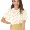 Allegra K Women's Polka Dots Stand Collar Pleat Keyhole Back Short Flare Sleeve Top 1 Allegra K Women's Polka Dots Stand Collar Pleat Keyhole Back Short Flare Sleeve Top