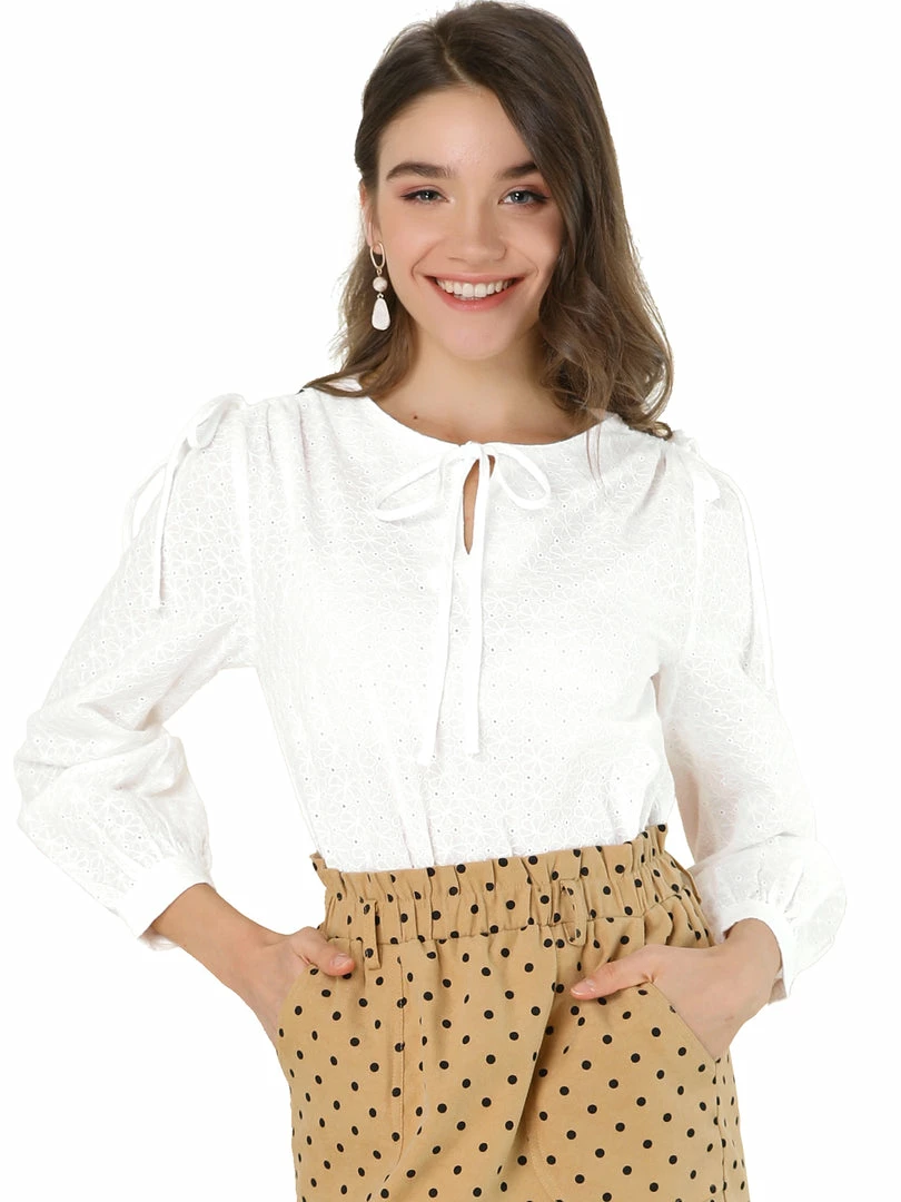 Allegra K Women's Cotton Tie Neck Blouses Long Sleeve Shirt Tops 9 Allegra K Women's Cotton Tie Neck Blouses Long Sleeve Shirt Tops