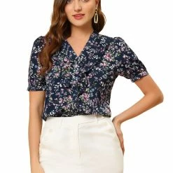 Allegra K Women's Floral Print V Neck Rufle Button Up Puff Short Sleeves Blouse Top
