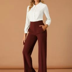 Allegra K Women's Button Up Shirt Career Peter Pan Collar Long Bishop Sleeve Blouse