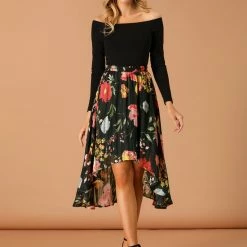 Allegra K Women's High Low Hem Elastic Waist Lurex Chiffon A-Line Midi Floral Skirt