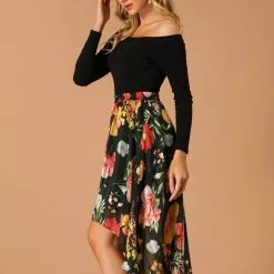 Allegra K Women's High Low Hem Elastic Waist Lurex Chiffon A-Line Midi Floral Skirt