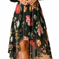 Allegra K Women's High Low Hem Elastic Waist Lurex Chiffon A-Line Midi Floral Skirt