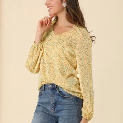 Allegra K Women's V Neck Ruffle Long Sleeve Casual Floral Blouse Top 14 Allegra K Women's V Neck Ruffle Long Sleeve Casual Floral Blouse Top