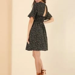 Allegra K Women's Short Bell Sleeve Smocked Waist Backless Short A Line Floral Dress