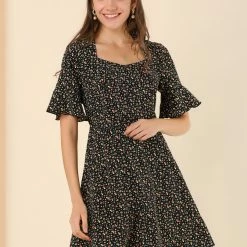 Allegra K Women's Short Bell Sleeve Smocked Waist Backless Short A Line Floral Dress
