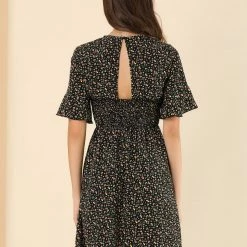 Allegra K Women's Short Bell Sleeve Smocked Waist Backless Short A Line Floral Dress