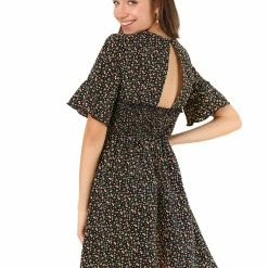 Allegra K Women's Short Bell Sleeve Smocked Waist Backless Short A Line Floral Dress