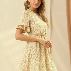 Allegra K Women's Ruffled Short Sleeve Elastic Waist A-Line Flowy Floral Mini Dress