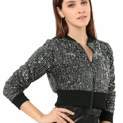 Allegra K Women's Sequin Sparkle Open Front Cardigan Coat Zipper Cropped Bomber Jacket