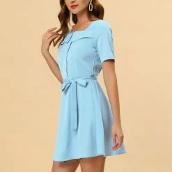 Allegra K Women's Square Neck Button Down Dress Short Sleeve Tie ShirtDress 12 Allegra K Women's Square Neck Button Down Dress Short Sleeve Tie ShirtDress