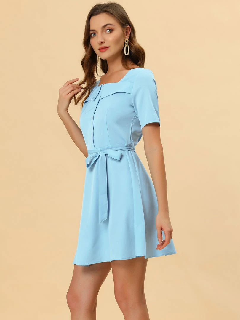 Allegra K Women's Square Neck Button Down Dress Short Sleeve Tie ShirtDress 6 Allegra K Women's Square Neck Button Down Dress Short Sleeve Tie ShirtDress