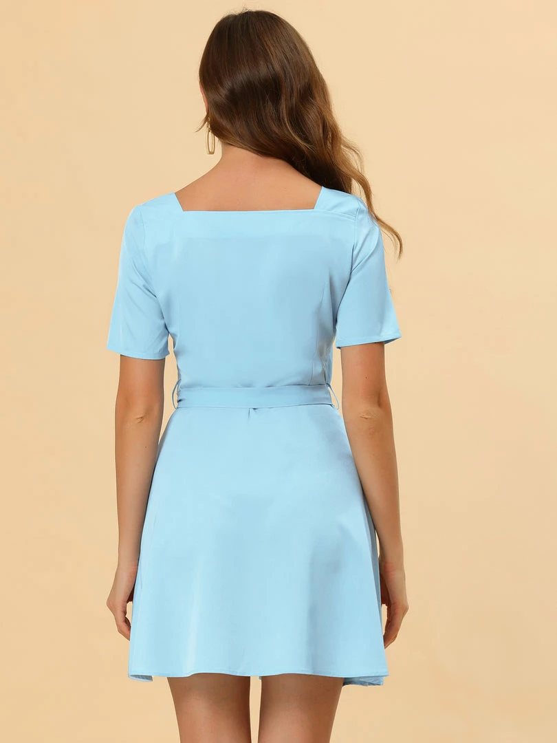 Allegra K Women's Square Neck Button Down Dress Short Sleeve Tie ShirtDress 7 Allegra K Women's Square Neck Button Down Dress Short Sleeve Tie ShirtDress