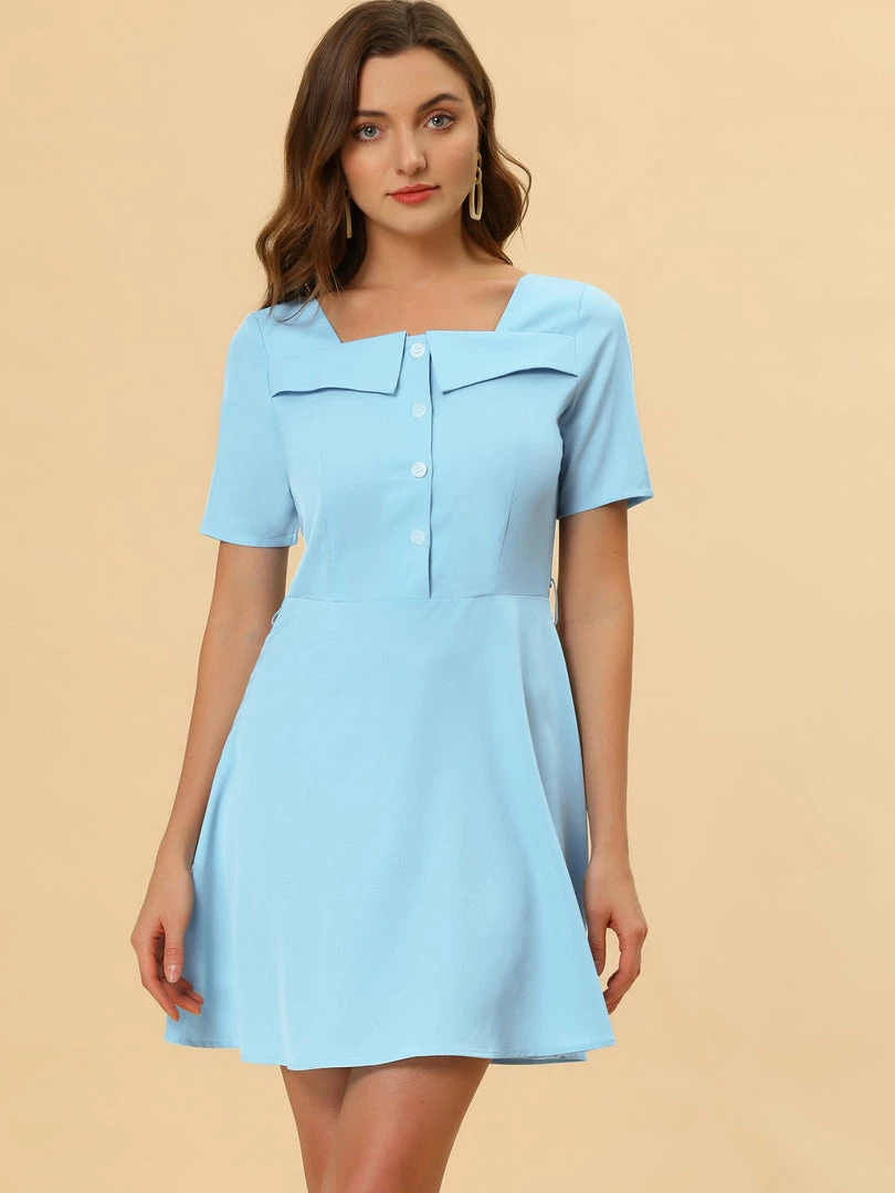 Allegra K Women's Square Neck Button Down Dress Short Sleeve Tie ShirtDress 8 Allegra K Women's Square Neck Button Down Dress Short Sleeve Tie ShirtDress
