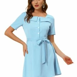 Allegra K Women's Square Neck Button Down Dress Short Sleeve Tie ShirtDress