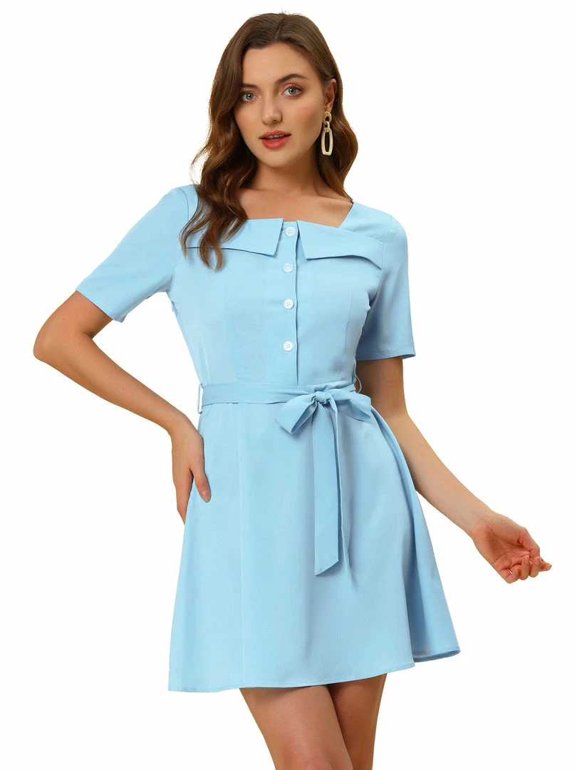 Allegra K Women's Square Neck Button Down Dress Short Sleeve Tie ShirtDress 4 Allegra K Women's Square Neck Button Down Dress Short Sleeve Tie ShirtDress