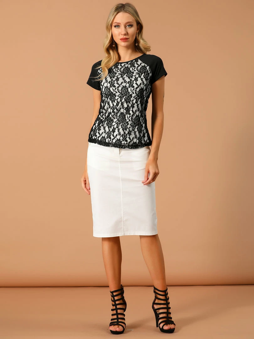 Allegra K Women's Lace Floral Trim Tops Short Sleeve Crew Neck Blouse 6 Allegra K Women's Lace Floral Trim Tops Short Sleeve Crew Neck Blouse