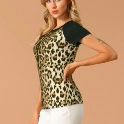 Allegra K Women's Leopard Animal Blouse Top Short Sleeve Crewneck T-Shirt