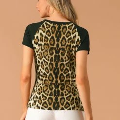 Allegra K Women's Leopard Animal Blouse Top Short Sleeve Crewneck T-Shirt