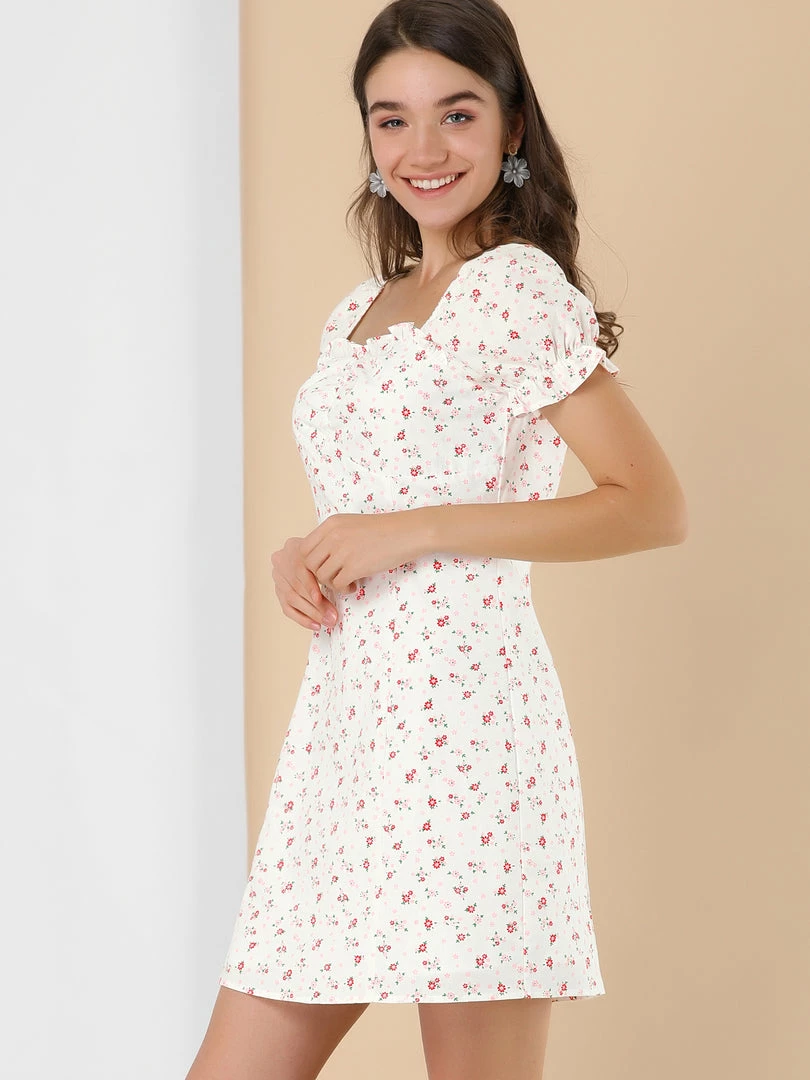 Allegra K Women's Floral Puff Sleeve Sweetheart Neckline Ruched Front Ruffled Dresses 7 Allegra K Women's Floral Puff Sleeve Sweetheart Neckline Ruched Front Ruffled Dresses