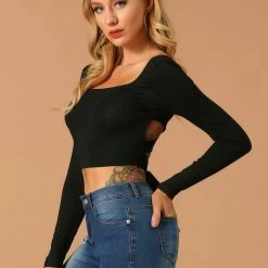 Allegra K Women's U Neck Criss Cross Back Long Sleeve Slim Fit Bow Tie Waist Crop Tops