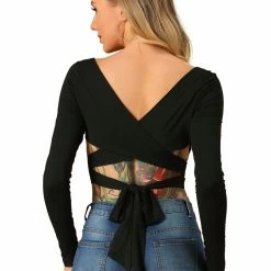 Allegra K Women's U Neck Criss Cross Back Long Sleeve Slim Fit Bow Tie Waist Crop Tops