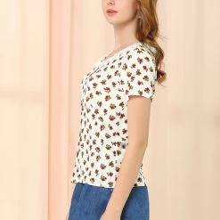 Allegra K Women's Casual Floral Print Short Sleeves Tops Round Neck Lace Panel Shirt Blouses 13 Allegra K Women's Casual Floral Print Short Sleeves Tops Round Neck Lace Panel Shirt Blouses
