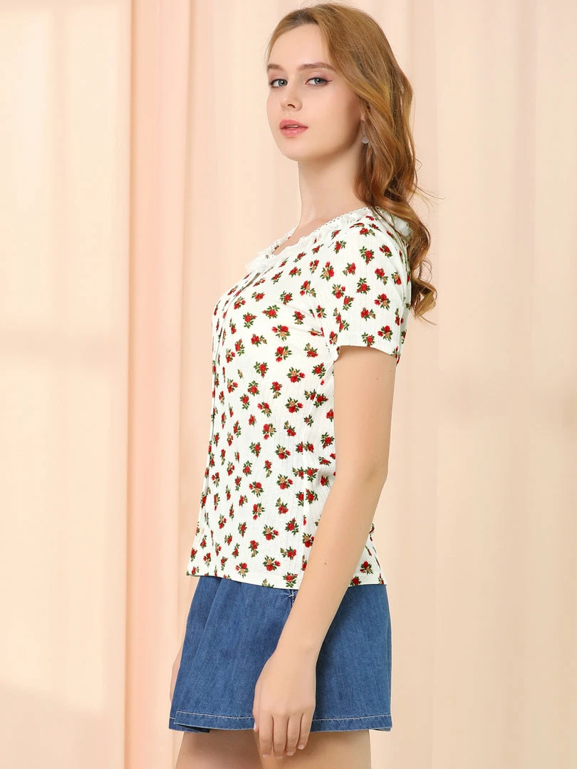 Allegra K Women's Casual Floral Print Short Sleeves Tops Round Neck Lace Panel Shirt Blouses 7 Allegra K Women's Casual Floral Print Short Sleeves Tops Round Neck Lace Panel Shirt Blouses