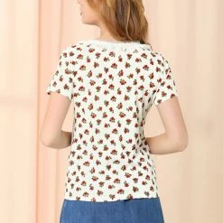 Allegra K Women's Casual Floral Print Short Sleeves Tops Round Neck Lace Panel Shirt Blouses 14 Allegra K Women's Casual Floral Print Short Sleeves Tops Round Neck Lace Panel Shirt Blouses
