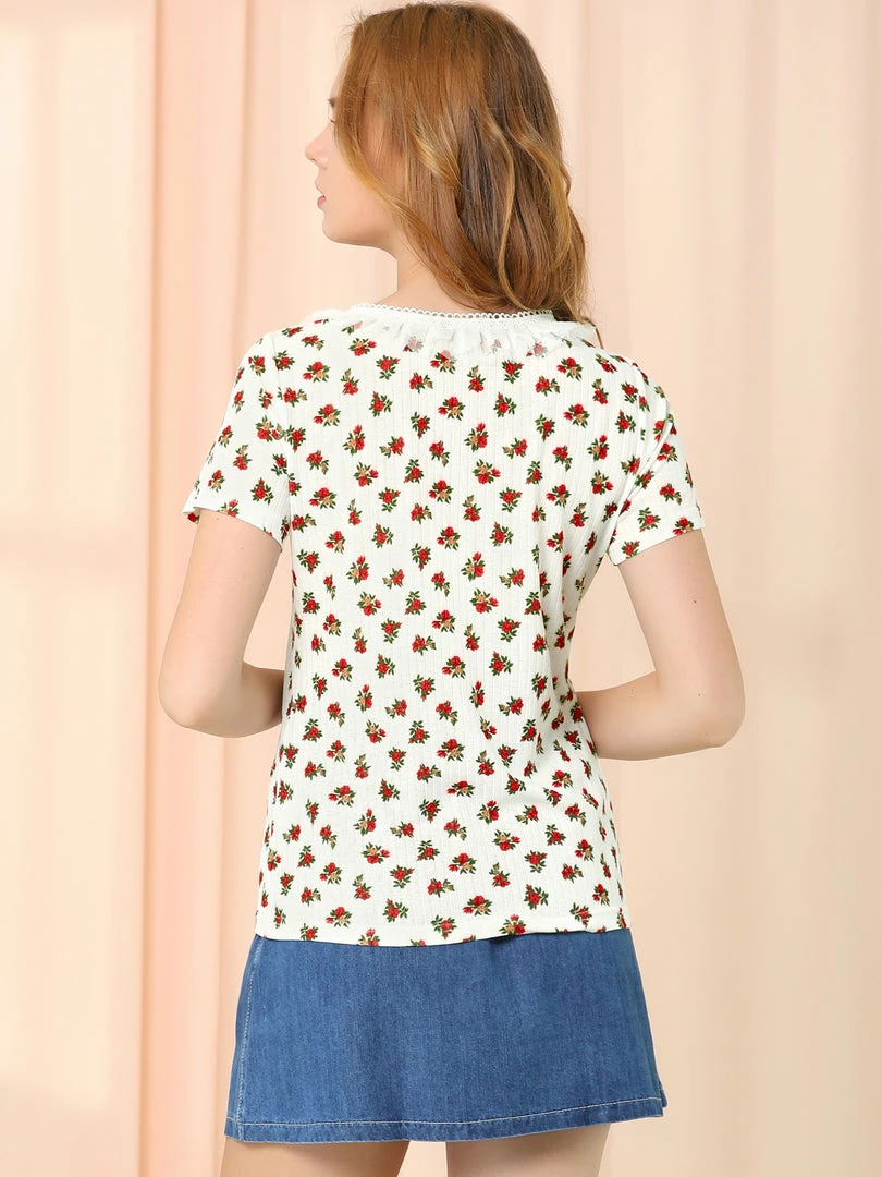 Allegra K Women's Casual Floral Print Short Sleeves Tops Round Neck Lace Panel Shirt Blouses 8 Allegra K Women's Casual Floral Print Short Sleeves Tops Round Neck Lace Panel Shirt Blouses