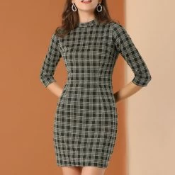 Allegra K Women's Vintage Stand Collar 3/4 Sleeve Plaid Dress