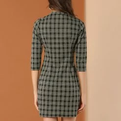 Allegra K Women's Vintage Stand Collar 3/4 Sleeve Plaid Dress