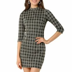 Allegra K Women's Vintage Stand Collar 3/4 Sleeve Plaid Dress