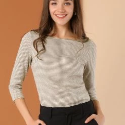 Allegra K Women's Work Office 3/4 Sleeve Boat Neck Houndstooth Top Blouse