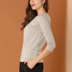 Allegra K Women's Work Office 3/4 Sleeve Boat Neck Houndstooth Top Blouse