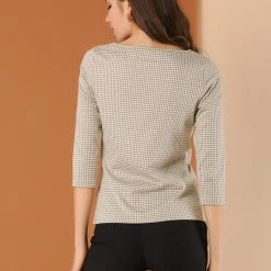 Allegra K Women's Work Office 3/4 Sleeve Boat Neck Houndstooth Top Blouse