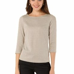 Allegra K Women's Work Office 3/4 Sleeve Boat Neck Houndstooth Top Blouse