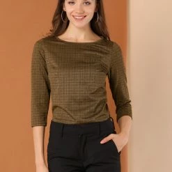 Allegra K Women's Work Office 3/4 Sleeve Boat Neck Houndstooth Top Blouse