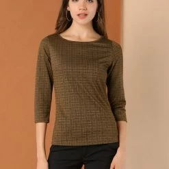 Allegra K Women's Work Office 3/4 Sleeve Boat Neck Houndstooth Top Blouse