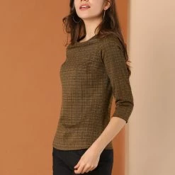 Allegra K Women's Work Office 3/4 Sleeve Boat Neck Houndstooth Top Blouse